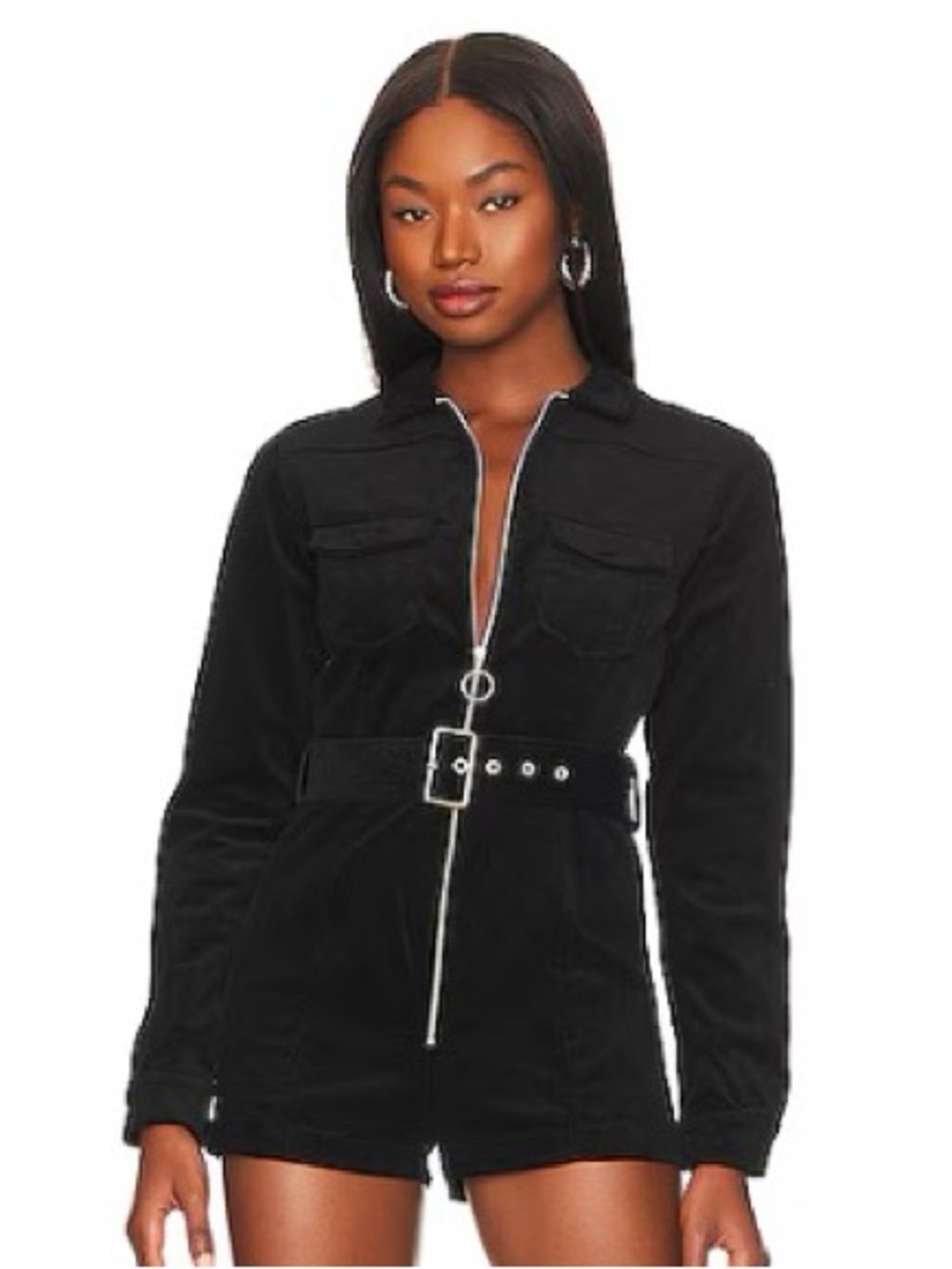 superdown x Revolve Black Long Sleeve Belted Romper with Front Zip